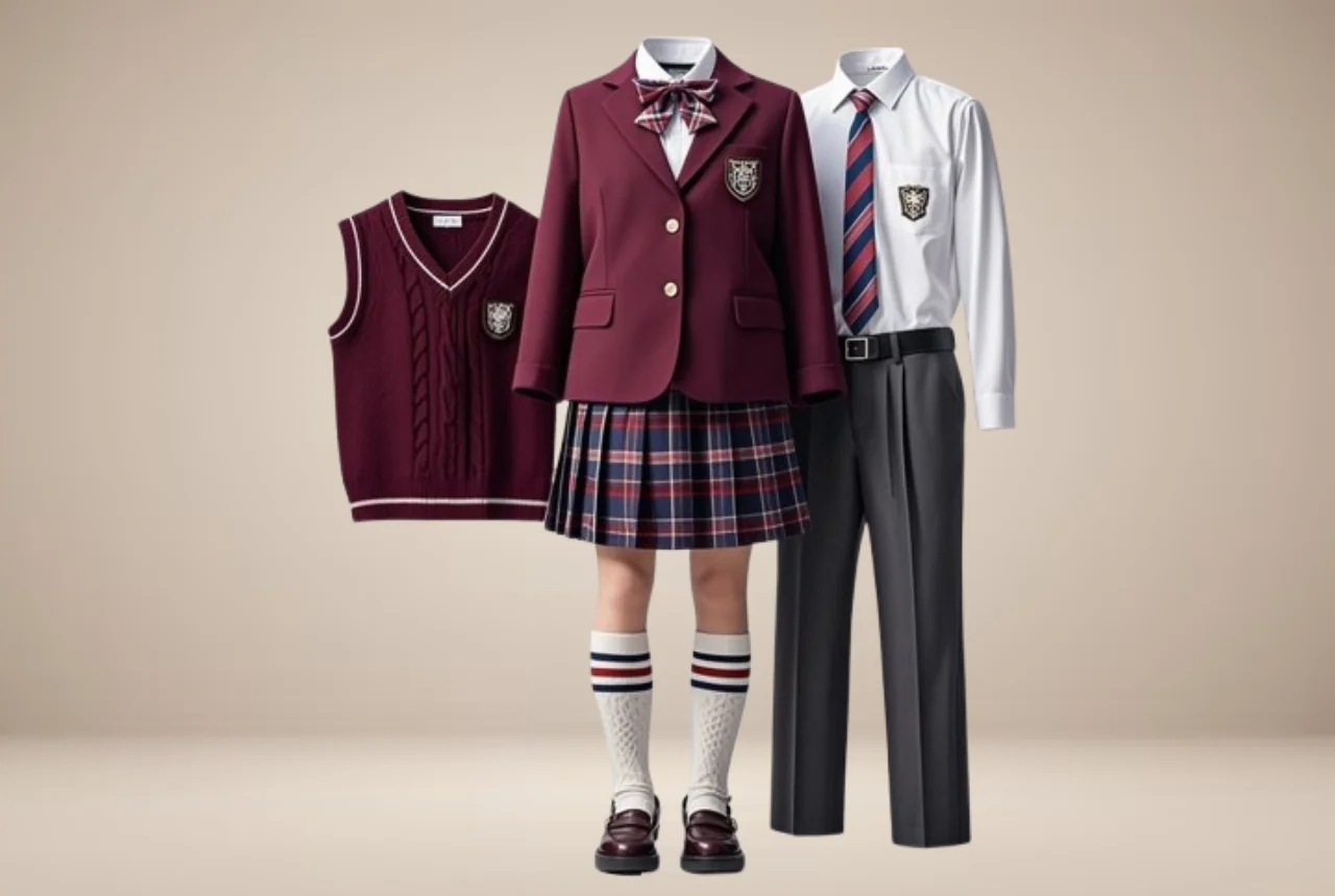 School uniform set with shirt, tie, and trousers for students