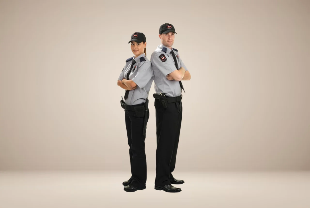 Security guard uniforms with shirts, trousers, and badges